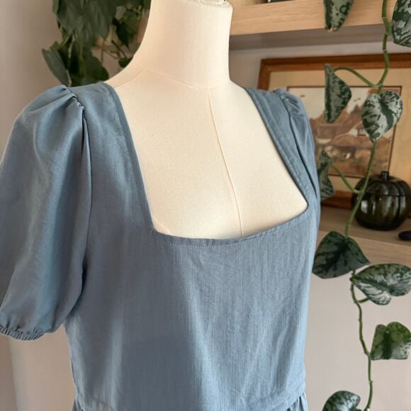 Kirundo Blue Square Neck Puff Sleeve Tiered Maxi Dress Pockets Medium Lagenlook - Picture 3 of 10